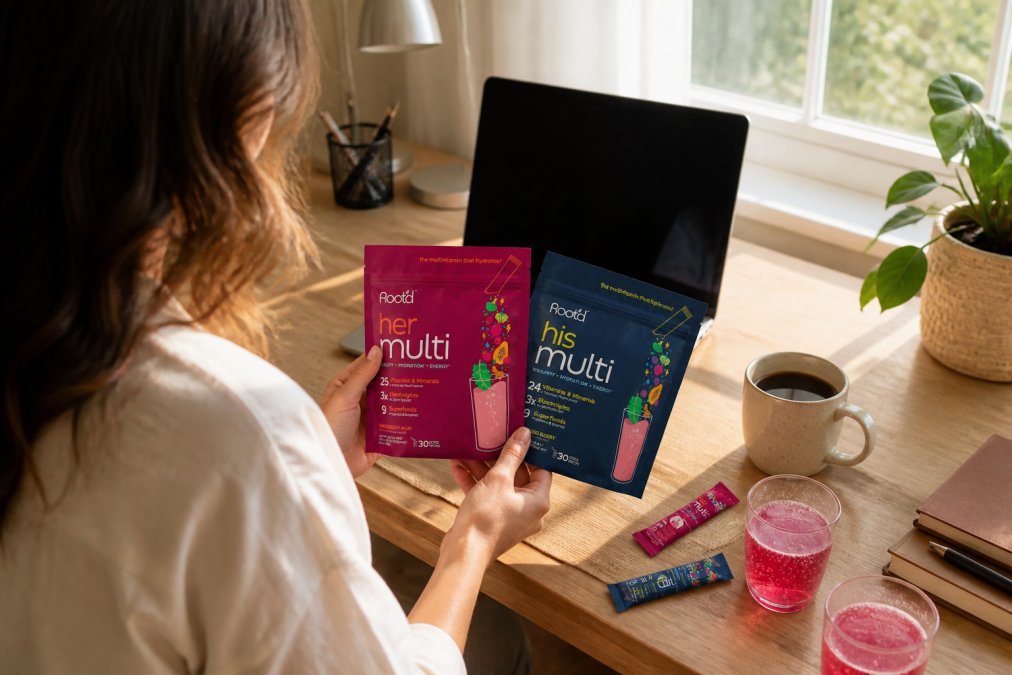 Person at home desk reviewing supplement products on a laptop screen with a cup of coffee nearby, warm natural lighting from window