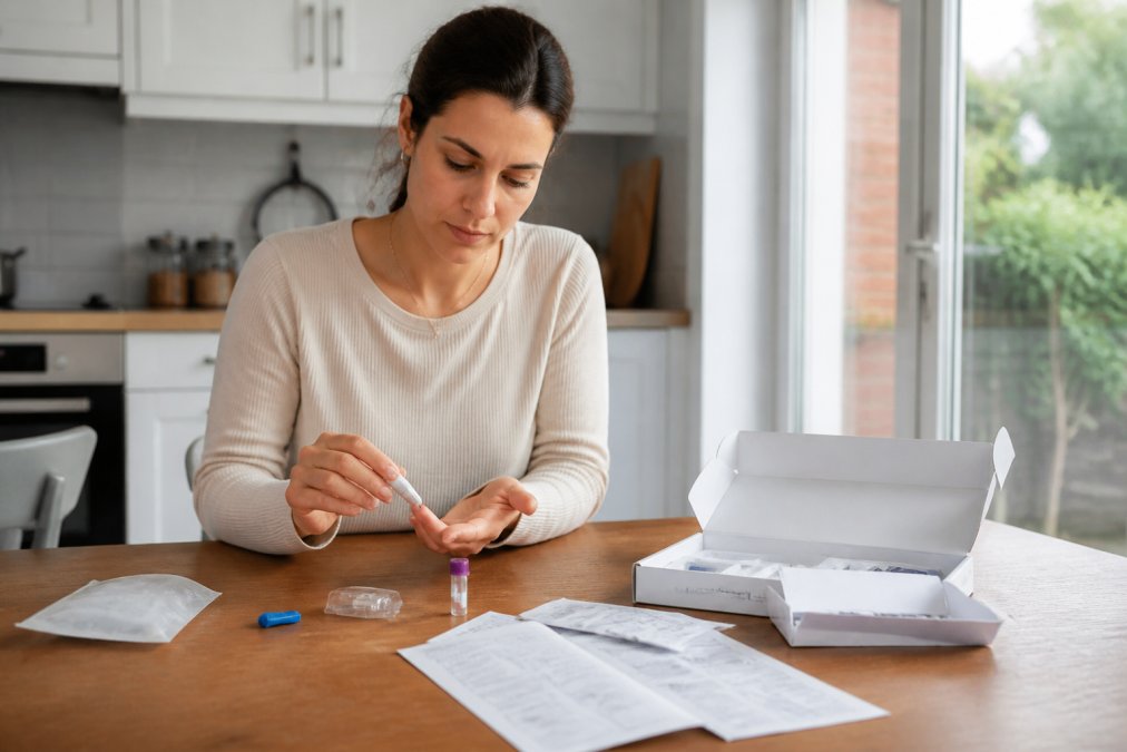 Step-by-step process of collecting a fingerprick blood sample for a personalized health at-home test kit