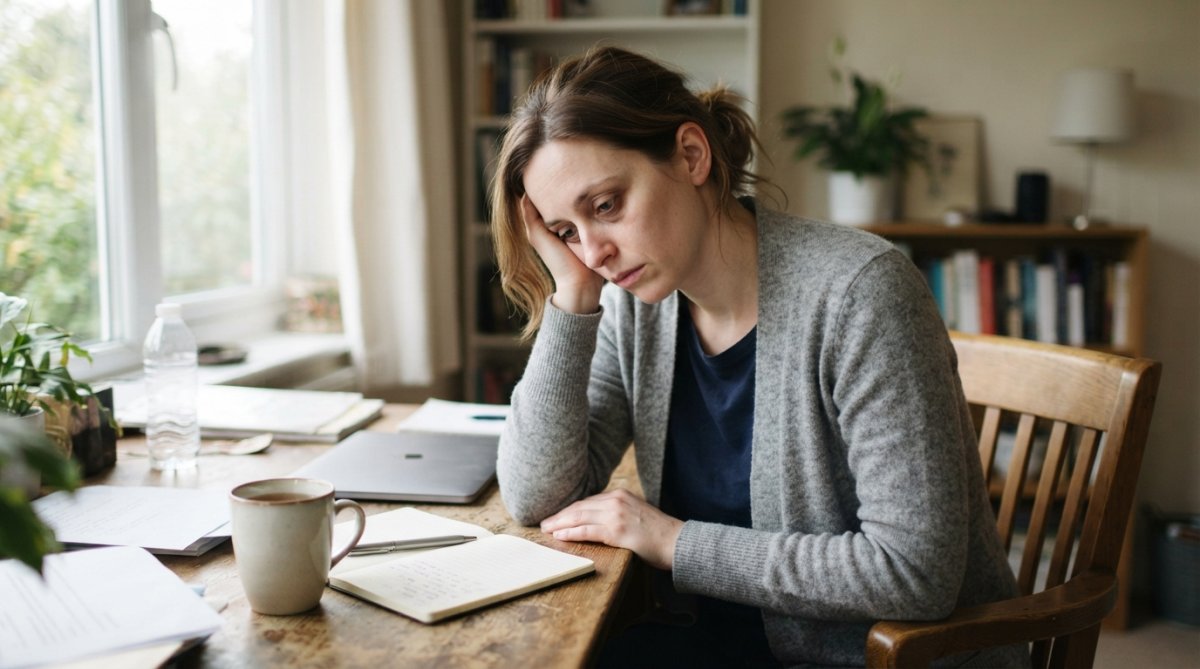 Person experiencing fatigue and low energy while sitting at desk during daytime, showing visible signs of tiredness and weakness