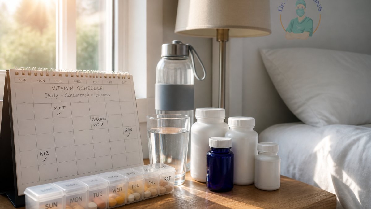 Infographic showing a daily schedule for organizing bariatric vitamin supplements and hydration habits.