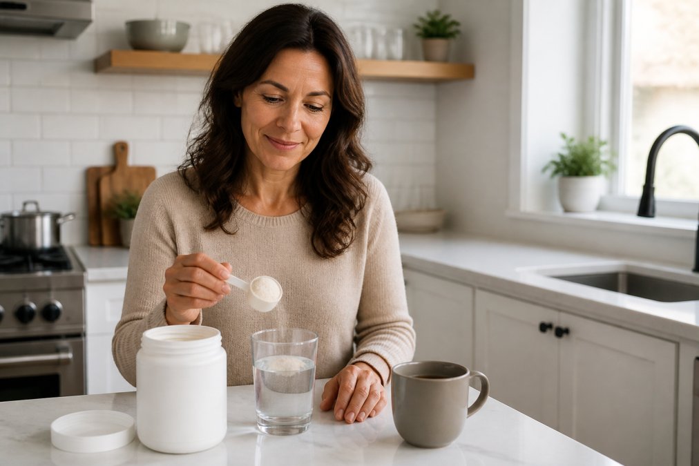 A woman in her forties in a bright kitchen holding a scoop of unflavored collagen powder over a glass of water, with a tub of collagen and a mug of coffee on the counter beside her