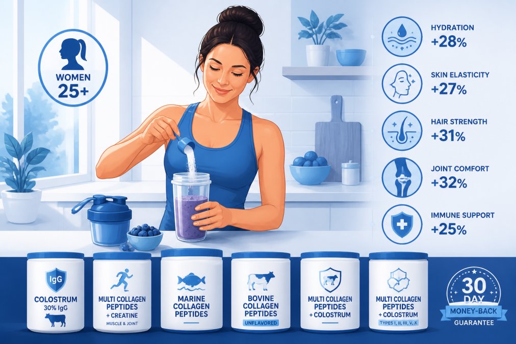 Woman in her 30s mixing collagen powder into a smoothie in a bright, modern kitchen with natural sunlight streaming through windows, showing wellness routine and vitality