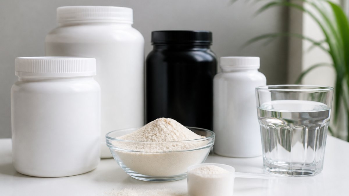Close-up of collagen powder and supplement containers arranged on a clean white surface with a glass of water and a measuring spoon, showing texture and packaging detail