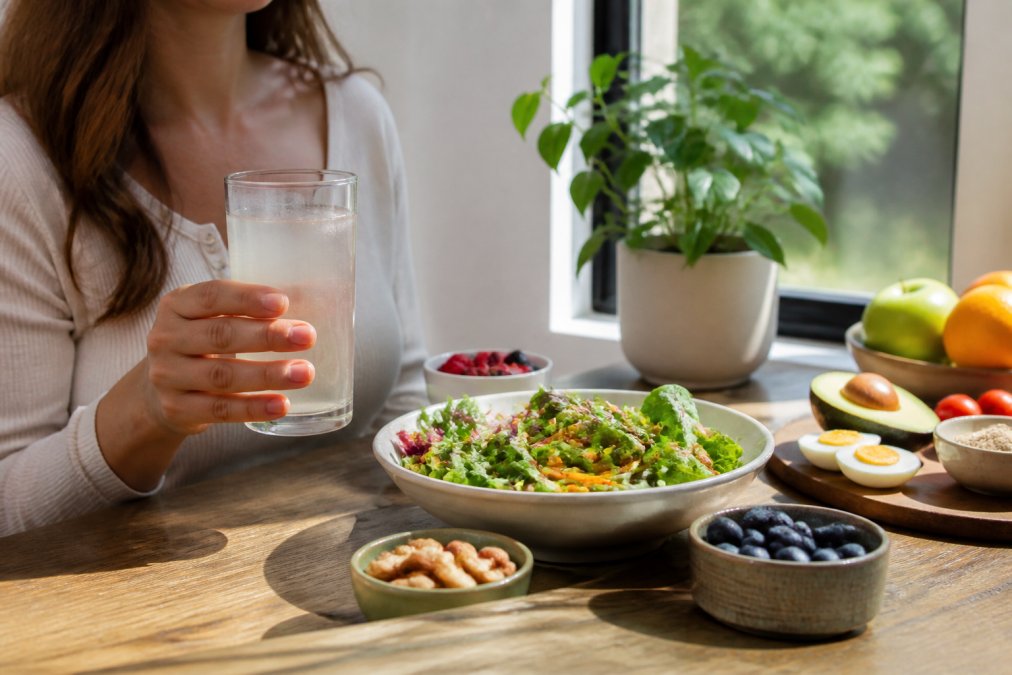 Person holding a glass of collagen powder mixed into water or coffee, with a fresh salad and whole foods visible on a table in natural morning light