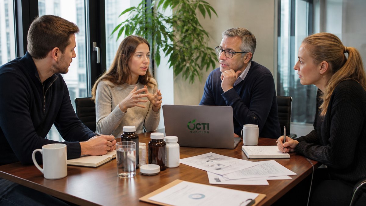 Professional team in modern office setting discussing wellness strategy around conference table with supplement bottles, health documents, and laptop visible, natural window lighting
