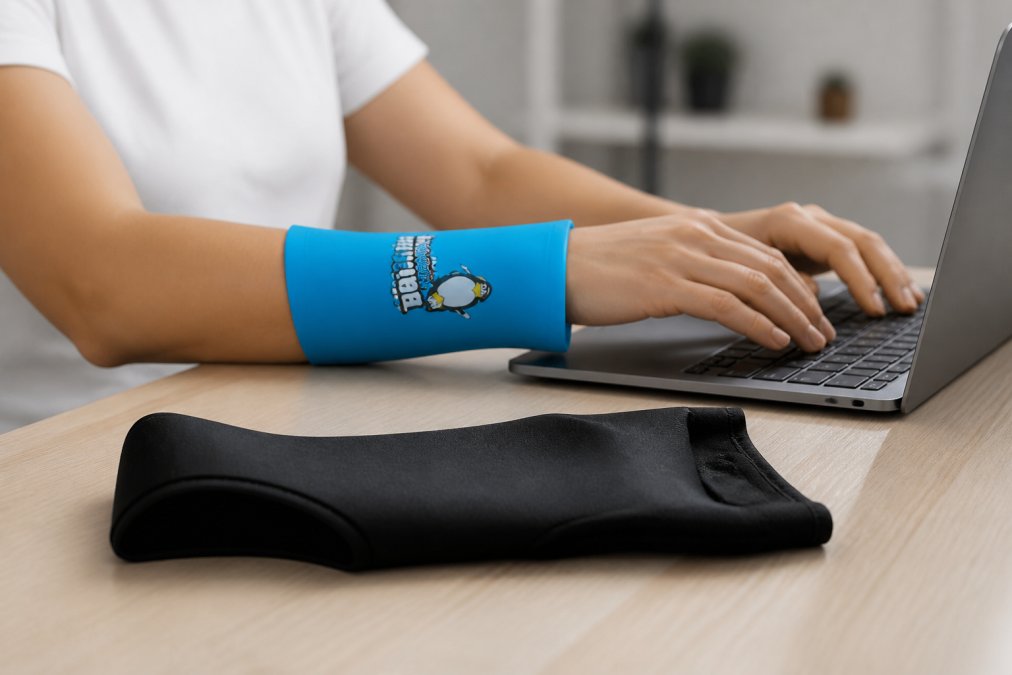 Person wearing a cold compression therapy sleeve on their wrist while working at a desk, demonstrating hands-free pain relief during daily activities with natural office lighting