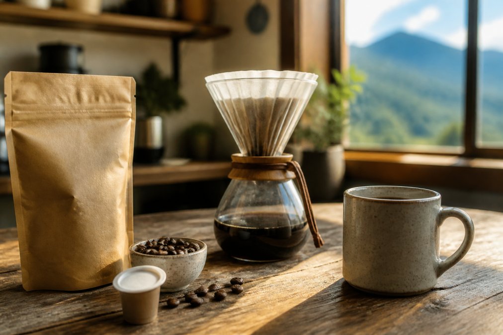 A bag of sustainable coffee, a pod, and a pour-over setup on a rustic kitchen counter in the morning light.