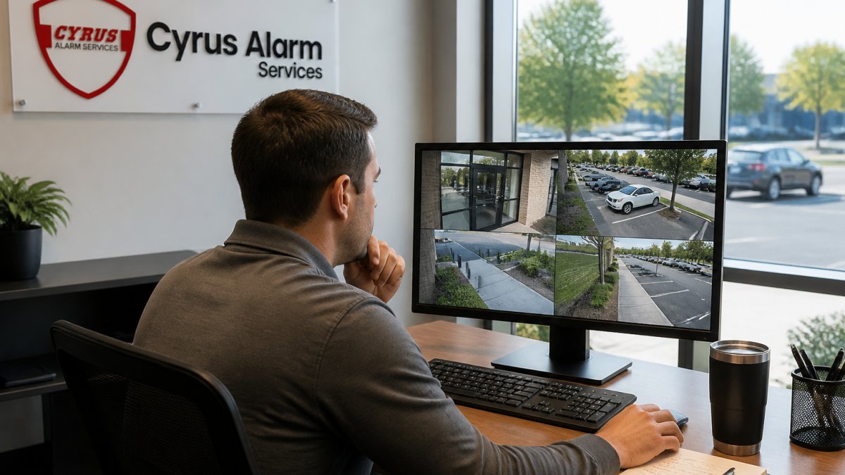 Small business owner reviewing live video feed on a desktop monitor in a modern office, with security camera footage showing a storefront entrance and parking area, natural daylight visible through windows