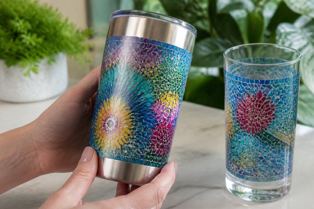Hands inspecting a stainless steel tumbler with a vibrant mosaic print under bright natural lighting