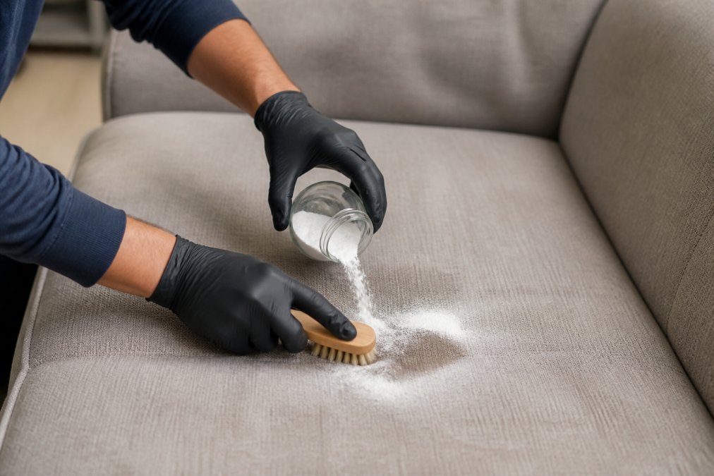 Iemand die baking soda op een hardnekkige vlek in stoffen bekleding strooit en voorzichtig inwerkt met een zachte borstel