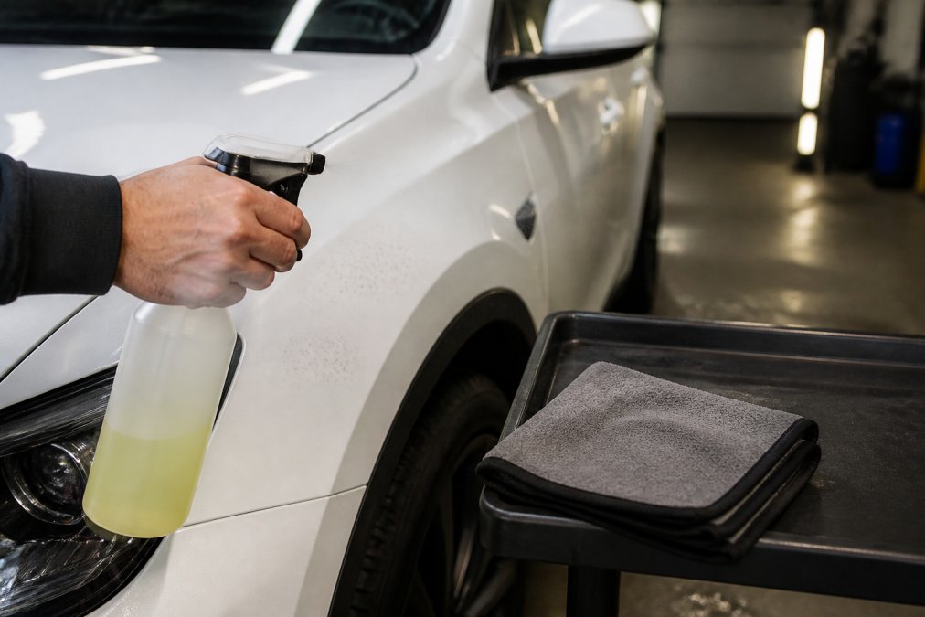 Handen die vliegroestverwijderaar spuiten op witte autolak met spuitfles, microvezeldoek klaar op werkbank, professionele werkplaats omgeving met goede verlichting