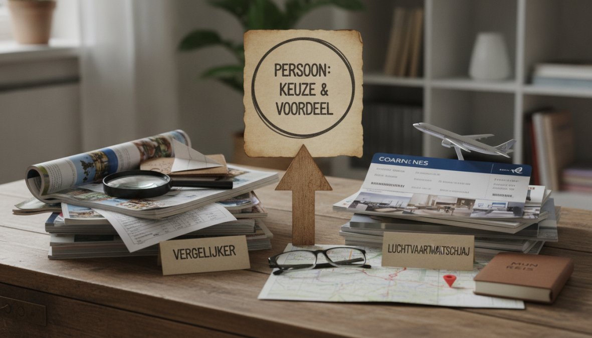 Persoon vergelijkt vliegtickets boeken via vergelijker vs luchtvaartmaatschappij op een laptop met koffie en notitieblok.