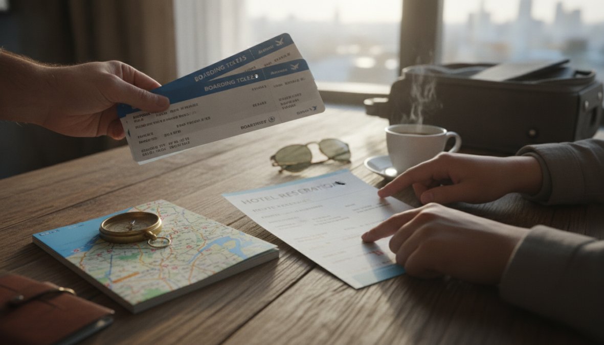 Reiziger op luchthaven met smartphone waarop hotelbevestiging zichtbaar is, terwijl een boarding pass in de andere hand wordt gehouden
