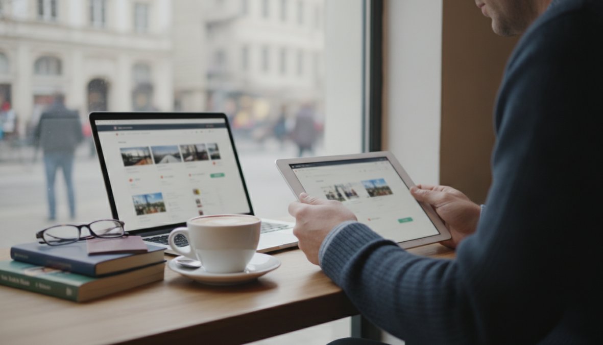 Reiziger gebruikt laptop en tablet voor vliegtickets en hotels vergelijken websites met een kopje koffie op tafel.