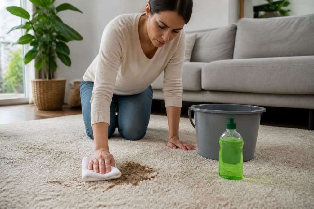 Iemand dept voorzichtig een vers gemorste vlek uit een vloerkleed met een schone witte doek, met een emmer lauwwarm water en een fles milde groene zeep naast zich op een lichte woonkamervloer