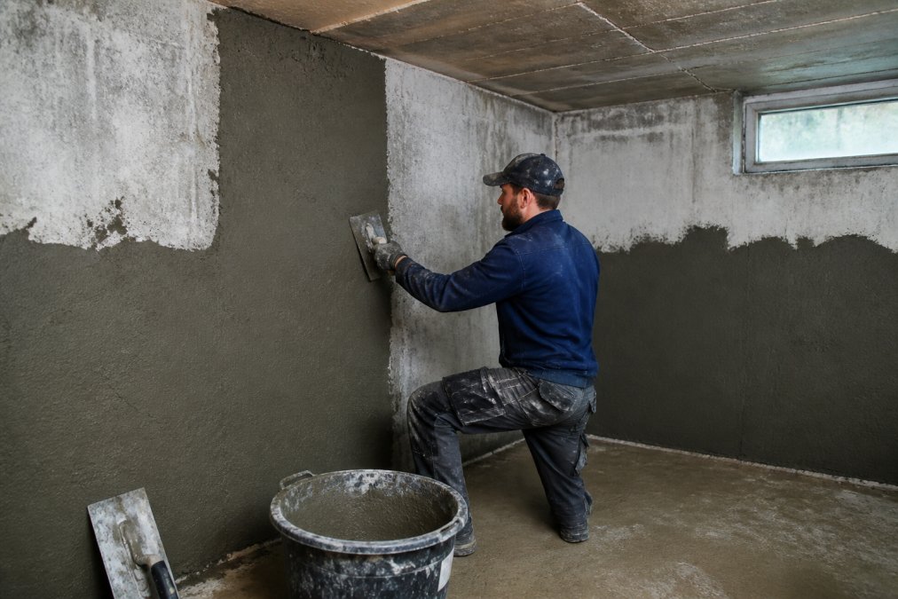 Een vakman in werkplunje brengt een waterdichte bepleistering aan op een kale betonnen kelderwand, met professioneel gereedschap en bouwmaterialen zichtbaar op de voorgrond