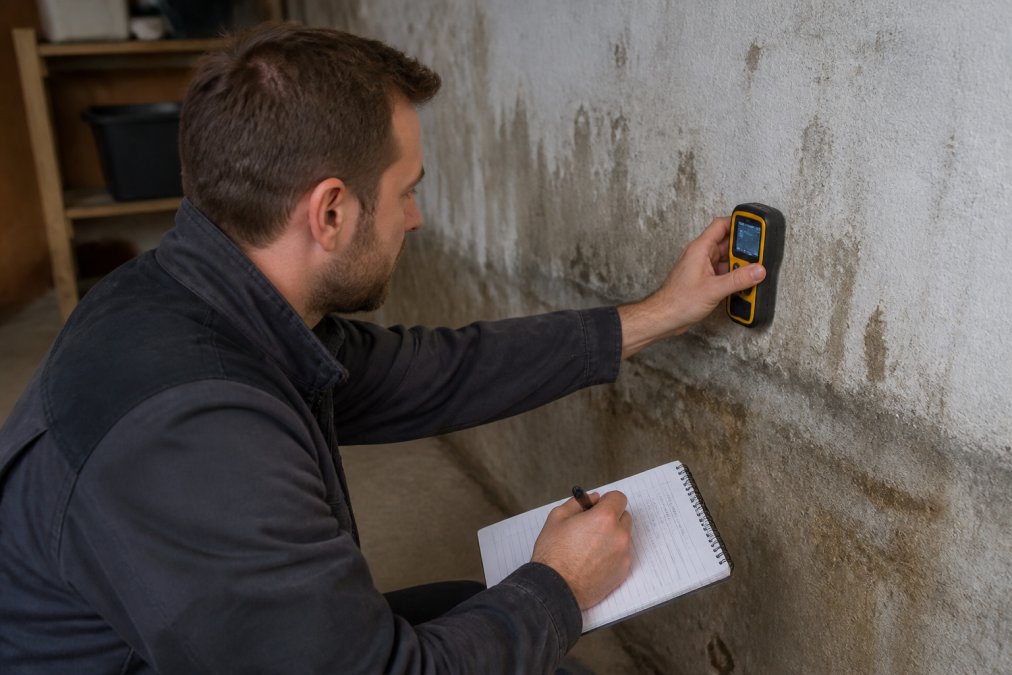 Iemand houdt een vochtmeter tegen een muur in een kelder, met duidelijke aflezingen zichtbaar op het display en notitieblok met metingen