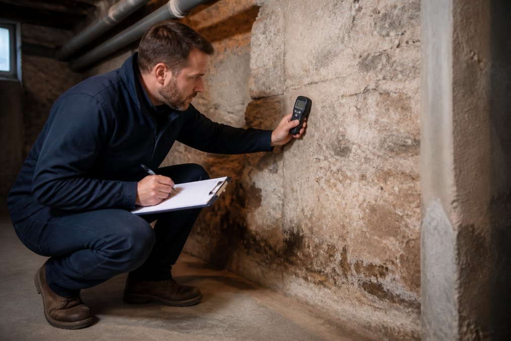 Huiseigenaar staand in een kelder bij een fundering, voorzichtig meetend met een digitale hygrometer in zijn hand, terwijl hij aantekeningen maakt op een klembord