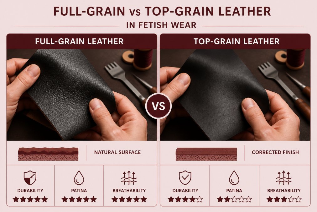 Close-up of hands holding two pieces of black leather side by side, one showing a natural grained full-grain surface and one with a smoother corrected finish, on a dark workshop bench with stitching tools nearby