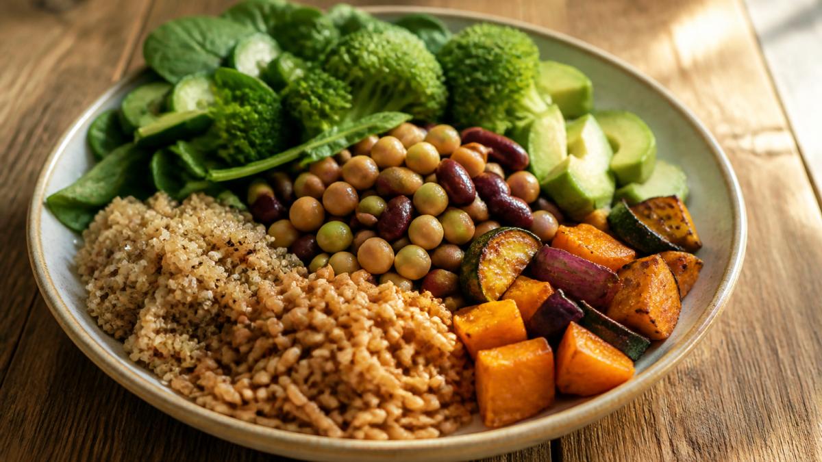 Vezelrijke voeding zoals granen en groenten als onderdeel van voeding verminderen cellulitis billen op een tafel.