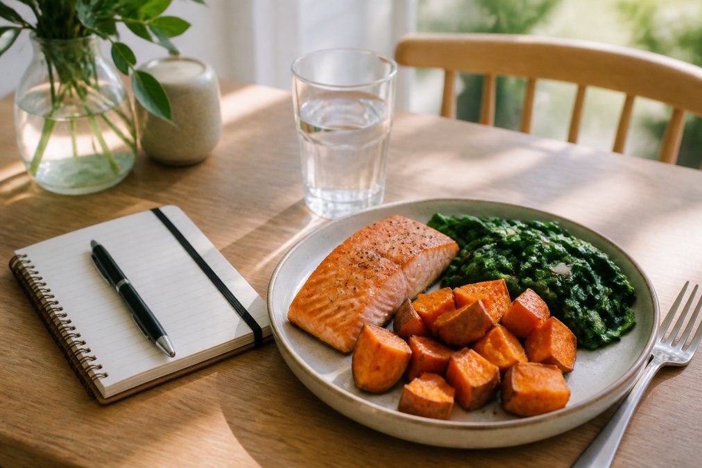 Gezonde maaltijd met zalm en groenten voor een strakkere huid na afvallen naast een notitieboekje met eetplan.