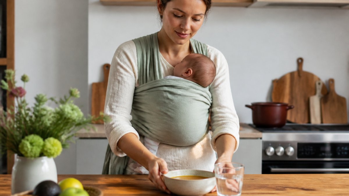 Moeder in een rustige keuken met gezonde soep voor haar herstel na zwangerschap en een baby in een draagdoek.