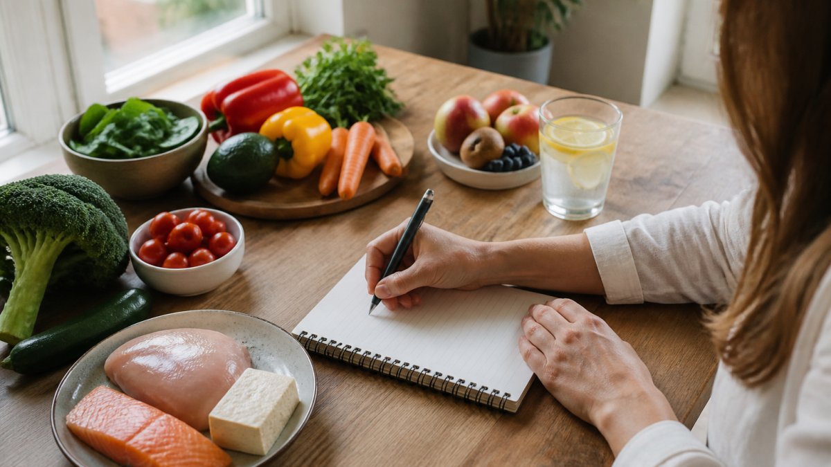 Iemand schrijft een voedingsschema voor optimale dagelijkse vitaliteit tussen verse groenten en fruit.
