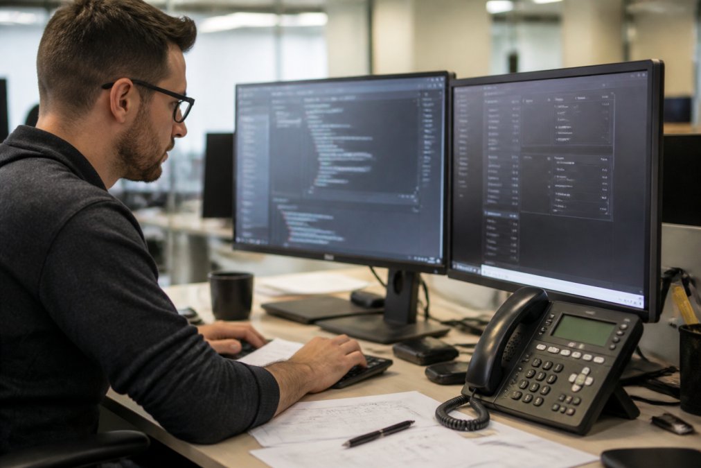 IT professional working at desk with multiple monitors displaying integration setup screens, technical documentation, and configuration panels, focused concentration, modern office environment