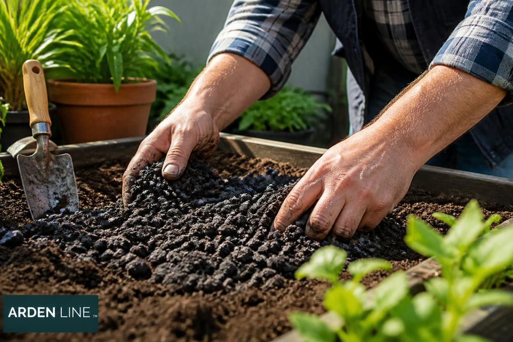 Close-up of dark, porous volcanic rock granules being mixed into rich garden soil by a gardener's hands, with a trowel and potted plants nearby in natural sunlight