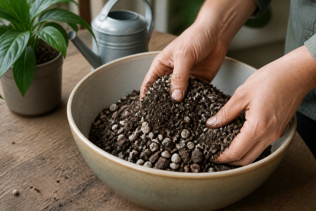 Close-up of hands mixing dark potting soil with porous volcanic zeolite granules and small lava rocks in a ceramic bowl, with a small houseplant and watering can blurred in the background on a wooden table