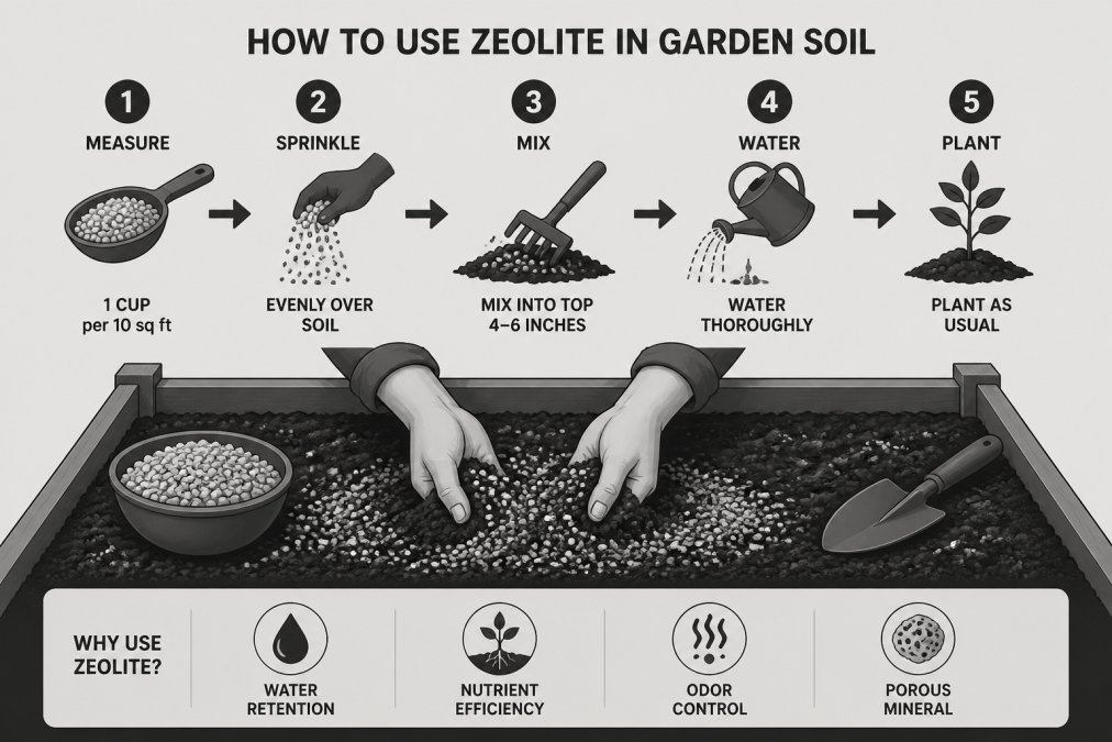 Gardener's hands mixing zeolite mineral particles into dark garden soil in a raised bed, showing the texture and application process