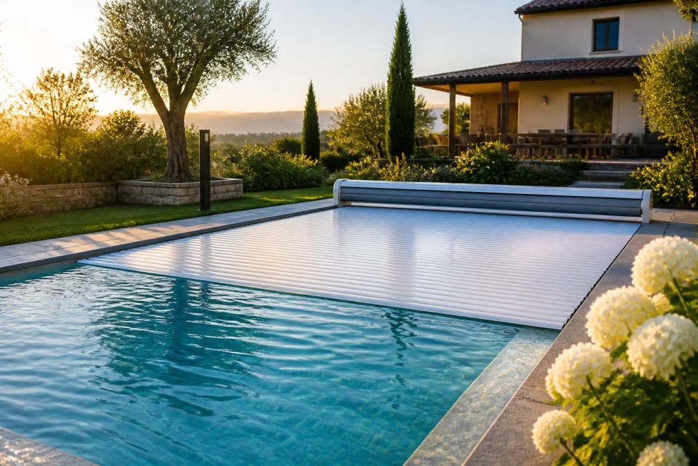 Un volet automatique partiellement fermé sur une piscine d'eau claire dans un jardin paysager français, maison familiale en arrière-plan, lumière du soir dorée