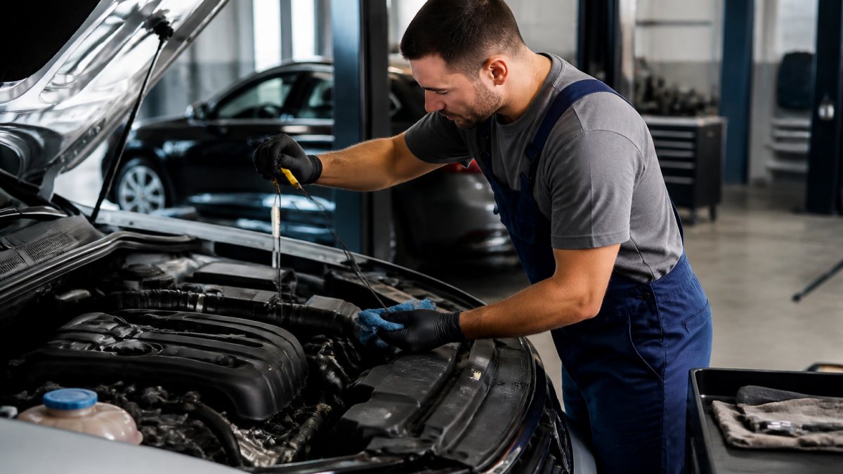 Professional technician performing routine maintenance on a Volkswagen engine, checking fluid levels and inspecting components in a well-lit service bay