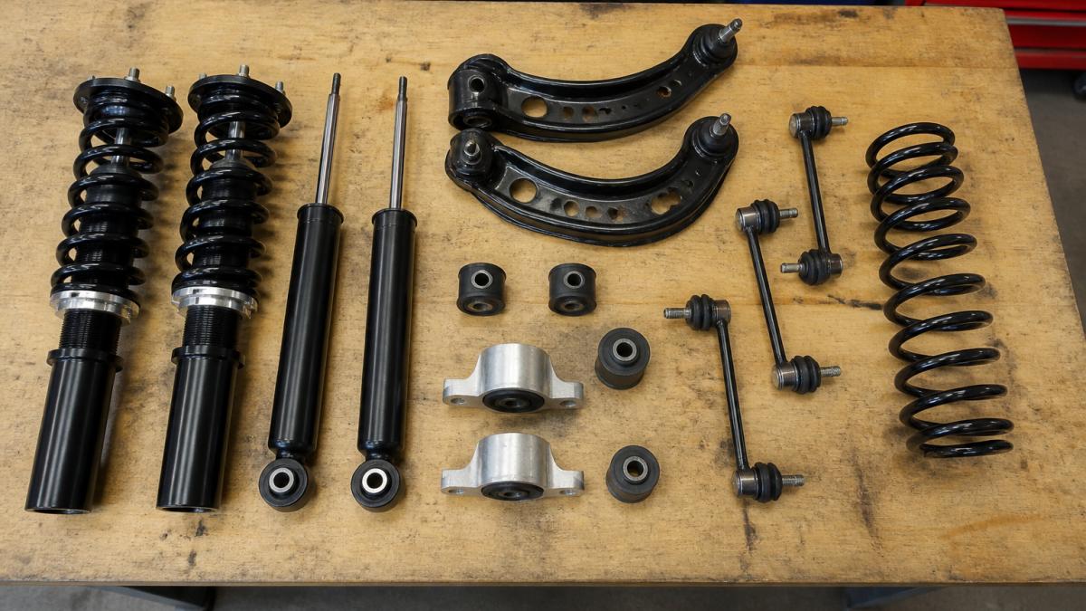 Overhead view of disassembled suspension components laid out on a workbench: coilovers, struts, control arms, bushings, and sway bar links arranged neatly with labels visible