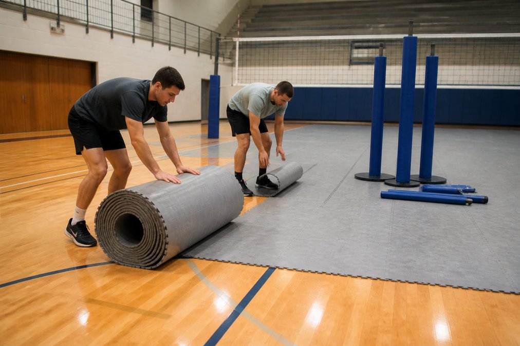 Two crew members in athletic wear efficiently unrolling modular floor tiles on a gymnasium floor, with volleyball net posts staged nearby ready for installation