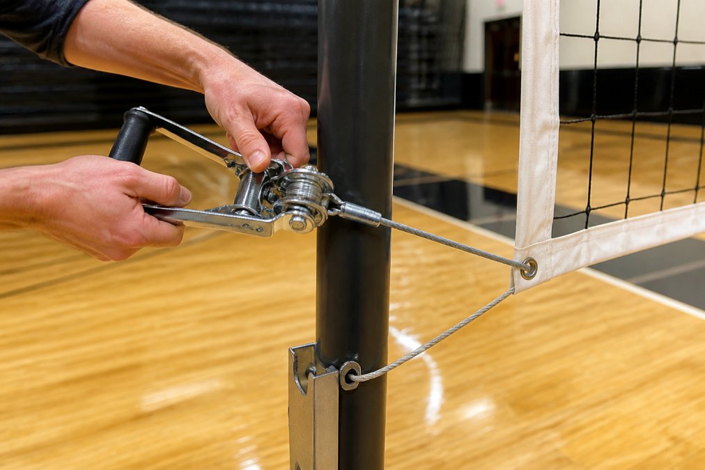 Close-up of hands using a ratchet tensioning tool to tighten a volleyball net cable attached to a metal post in an indoor gymnasium
