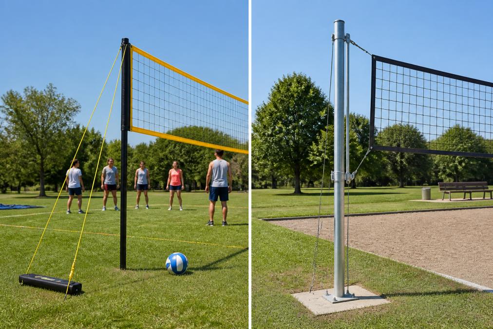 An outdoor grass volleyball court with a portable net system set up, posts anchored and net tensioned, with a few players warming up in the background on a sunny day