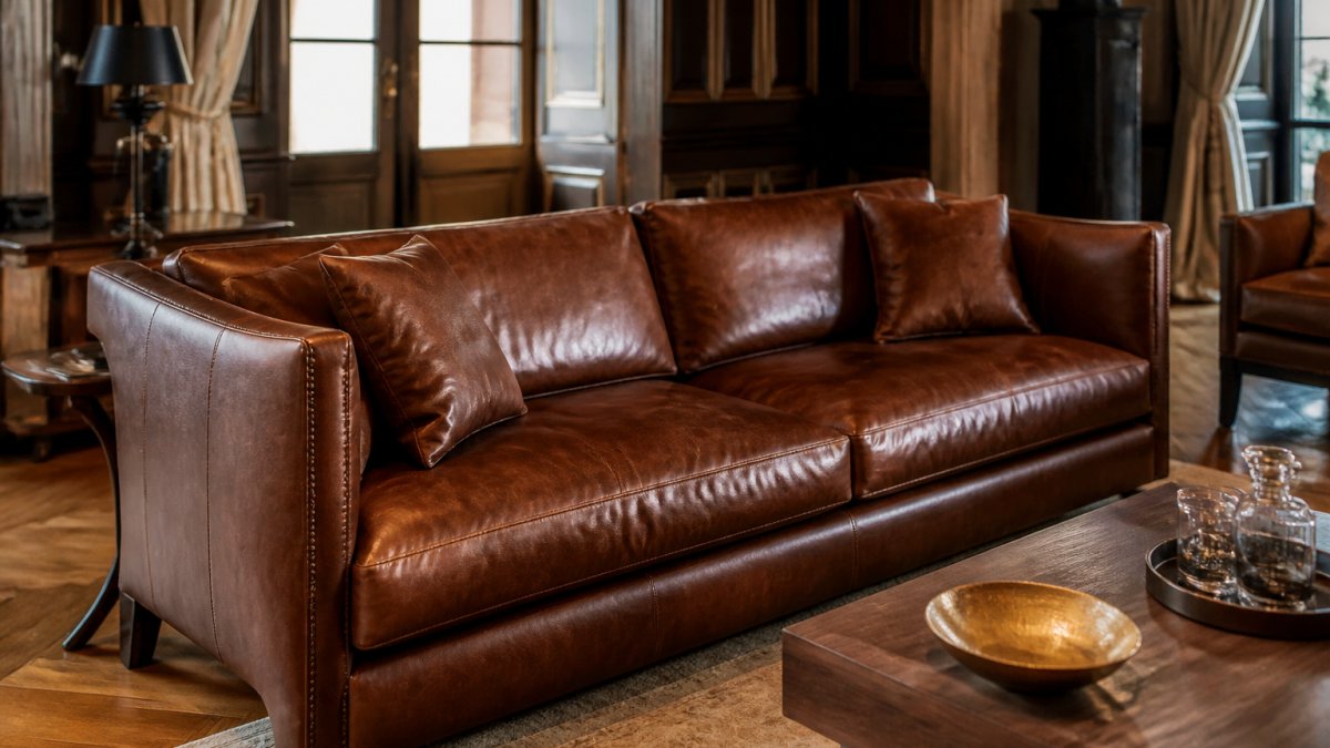 Elegantes Vollnarbenleder-Sofa in einem luxuriösen Wohnzimmer mit warmer Beleuchtung, das zeigt, wie die natürliche Patina und Textur des Leders die Raumgestaltung bereichert und ein Gefühl von Handwerk und Zeitlosigkeit vermittelt