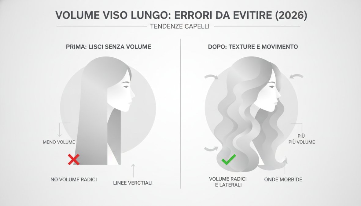 Confronto prima e dopo: capelli lunghi lisci senza volume vs capelli con texture e movimento su viso allungato