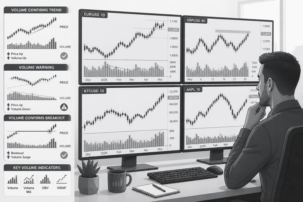 Professional trader sitting at desk with multiple monitors displaying TradingView charts showing volume bars, candlesticks, and price levels, analyzing data with focused expression and natural office lighting