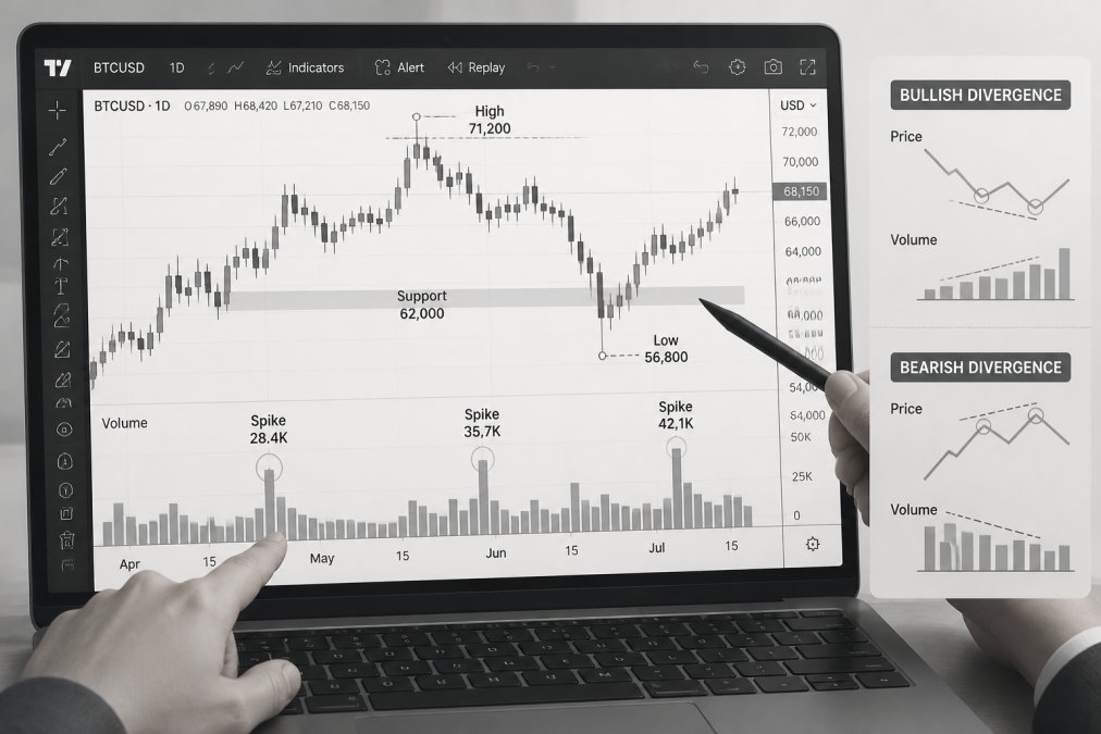 Close-up of laptop screen showing TradingView interface with volume spikes highlighted on candlestick chart, hands pointing at key price levels and divergence patterns with focused analysis