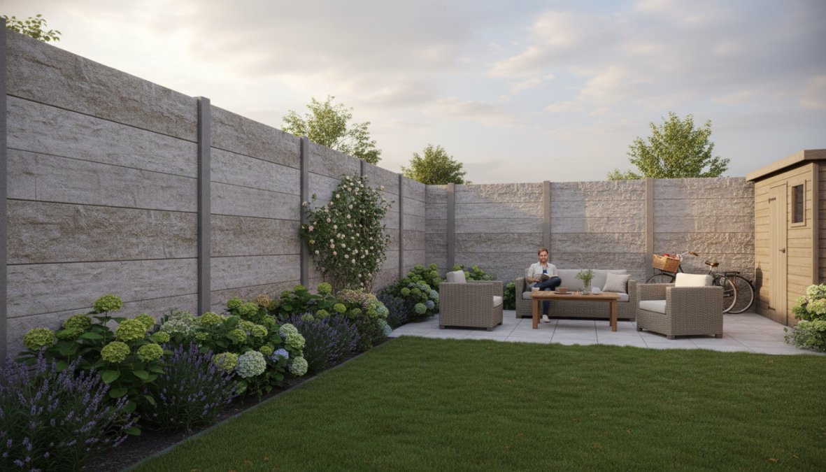Een nette Nederlandse achtertuin op een zonnige zomerdag met een grijze hout-betonschutting op de achtergrond, weelderige groene beplanting ervoor en een houten terras met tuinstoelen op de voorgrond