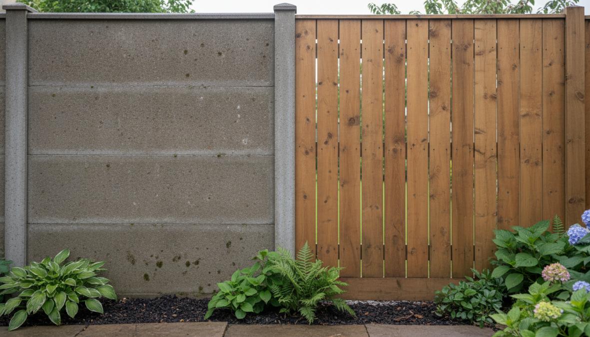 Twee aangrenzende tuinen naast elkaar gefotografeerd op een bewolkte dag: links een verweerde bruine houten schutting met zichtbare houtrot en scheve palen, rechts een strakke grijze hout-betonschutting met rechte betonpalen en verse houten planken