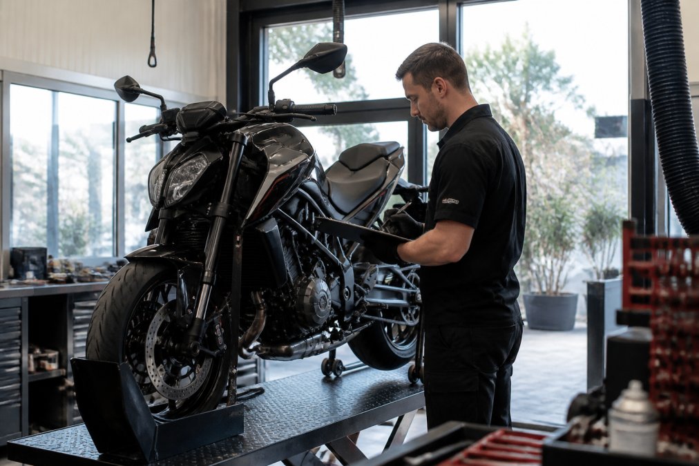 Gecertificeerde monteur voert uitgebreide technische inspectie uit op motorfiets in professionele werkplaats, met gereedschap en inspectiechecklist, helderheid van daglicht door werkplaatsvensters