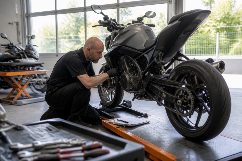 Monteur voert technische keuring uit op een motorfiets, een van de voordelen kopen bij gespecialiseerde motordealer.