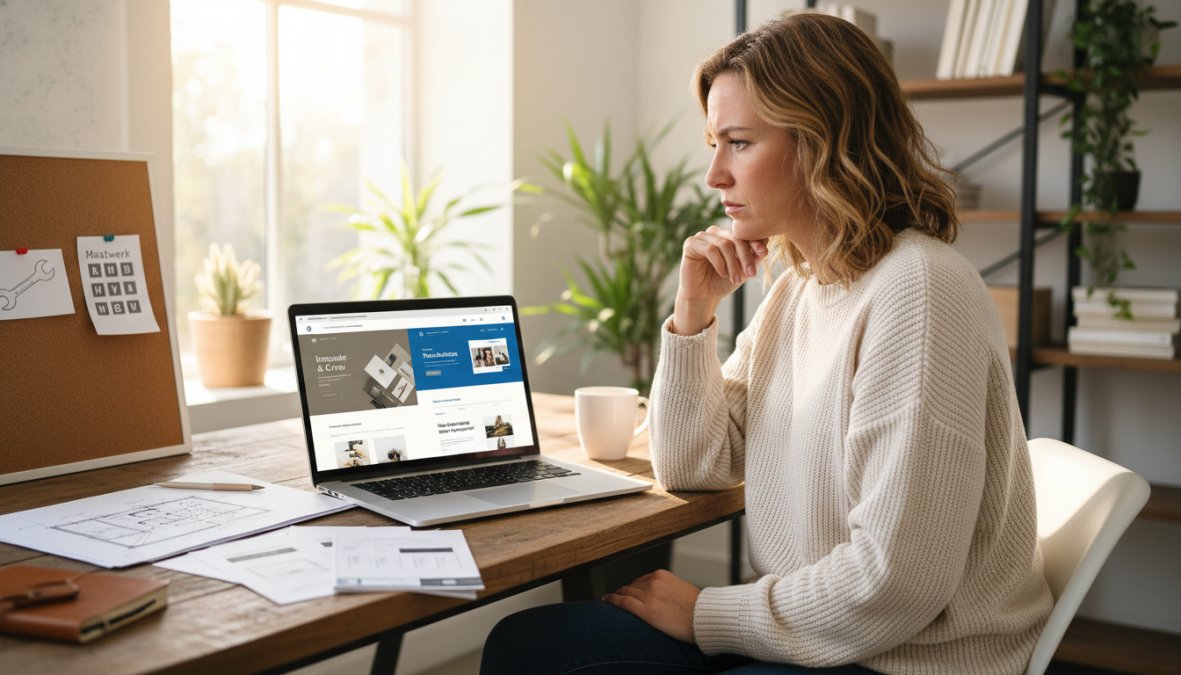 Een kleine ondernemer zit aan een opgeruimd bureau en vergelijkt twee verschillende websiteontwerpen op een laptopscherm, met een doordachte blik, in een licht en modern thuiskantoor met grote ramen en natuurlijk houten meubels