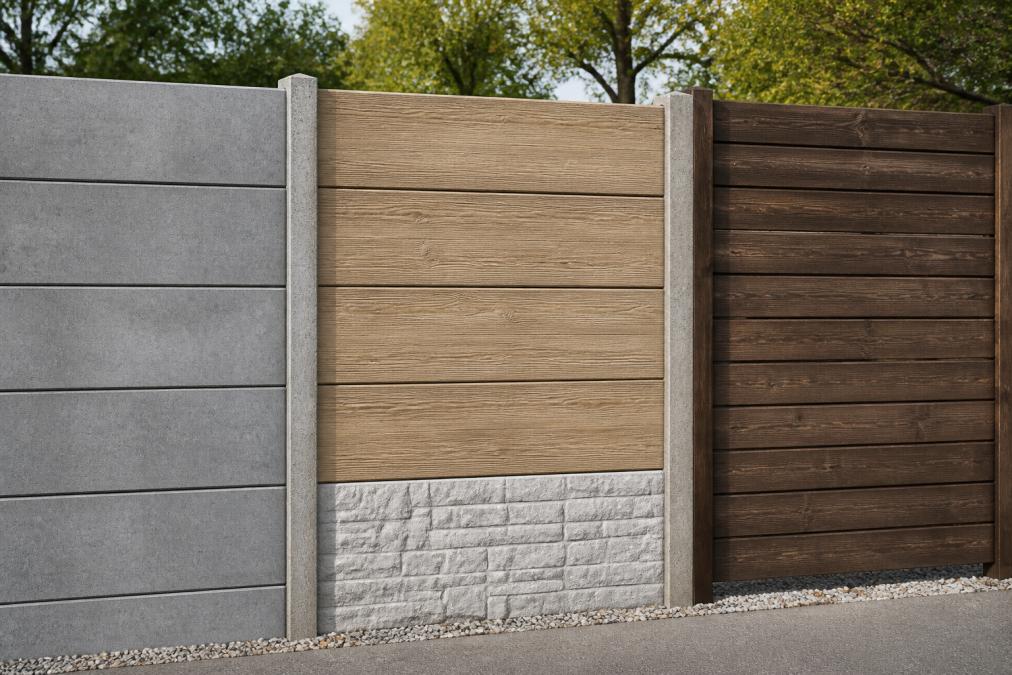 Close-up van drie verschillende schuttingmaterialen naast elkaar: grijs betonnenpaneel, hout-betoncombinatie met natuurlijke textuur, en donkerbruin geïmpregneerd houtwerk, met duidelijke contrast in oppervlaktextuur en kleur