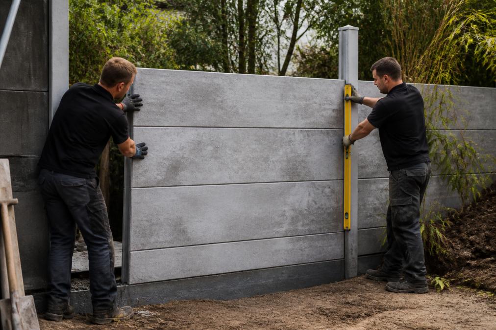 Twee vakmannen die een groot grijs betonnenpaneel voorzichtig plaatsen met precisiewerktuigen, terwijl één man het paneel stabiliseert en de ander de hoogte checkt met een waterpas in natuurlicht