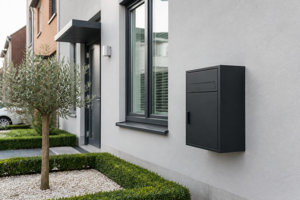 Een moderne stalen pakketbrievenbus gemonteerd aan de strakke lichtgrijze gevel van een Nederlandse rijwoning, omgeven door een verzorgde voortuin met kiezels en een lage heg, op een bewolkte Nederlandse dag met zacht daglicht