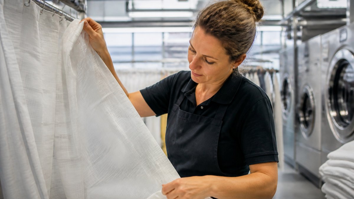 Professional demonstrating professional curtain cleaning technique with careful handling of delicate fabric in modern laundry facility with natural lighting